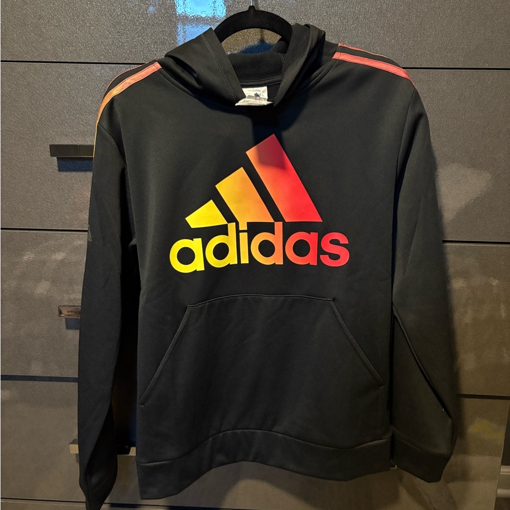 Adidas Boy’s Black Hoodie with Red and Orange Logo